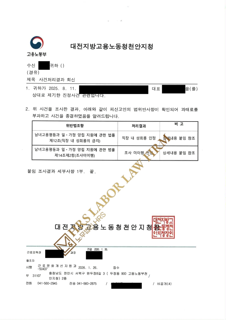 [승소소식](최초) 접촉 없어도 과도하게 가까이에 있으면 성희롱 인정, 조사의무 위반 과태료 총 1500만 원- 이미소 노무사